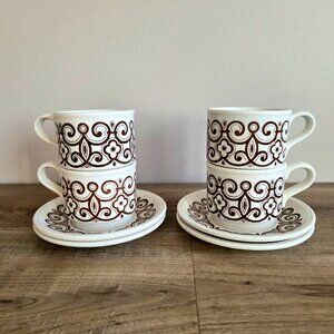 Vintage 1970s set of 4 Biltons stackable speckled coffee tea cups with saucers.